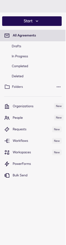 DocuSign's Agreements sidebar showing Drafts, In Progress, Completed, and Deleted as separate navigation items rather than filtered views of one list.