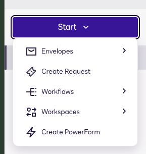 DocuSign's Start menu showing Envelopes, Create Request, Workflows, Workspaces, and Create PowerForm as separate, inconsistently-labeled options for starting work.
