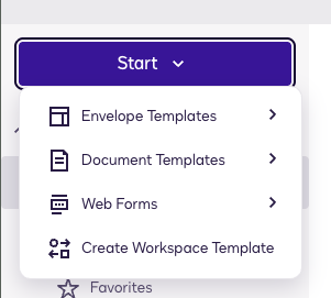 The same Start menu showing a second set of options: Envelope Templates, Document Templates, Web Forms, and Create Workspace Template. It's illustrating how many inconsistent entry points exist for creating things.
